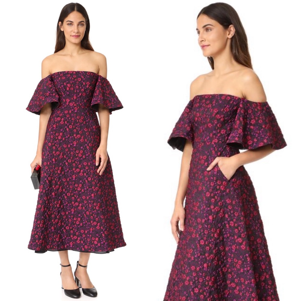 JILL Jill Stuart Off The Shoulder Floral Jacquard Gown 2 Red Violet Embroidered